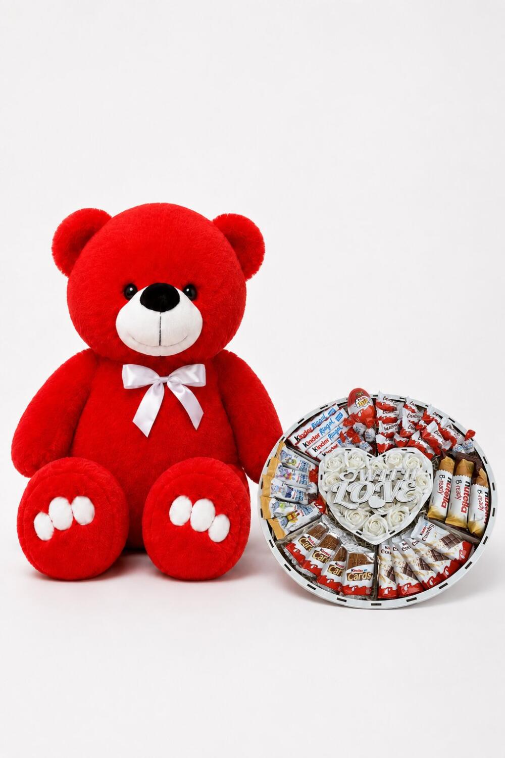 Ведмедик Ветлі 140 см червоний + Солодкий подарунок-бокс Love In Chocolate з білими трояндами