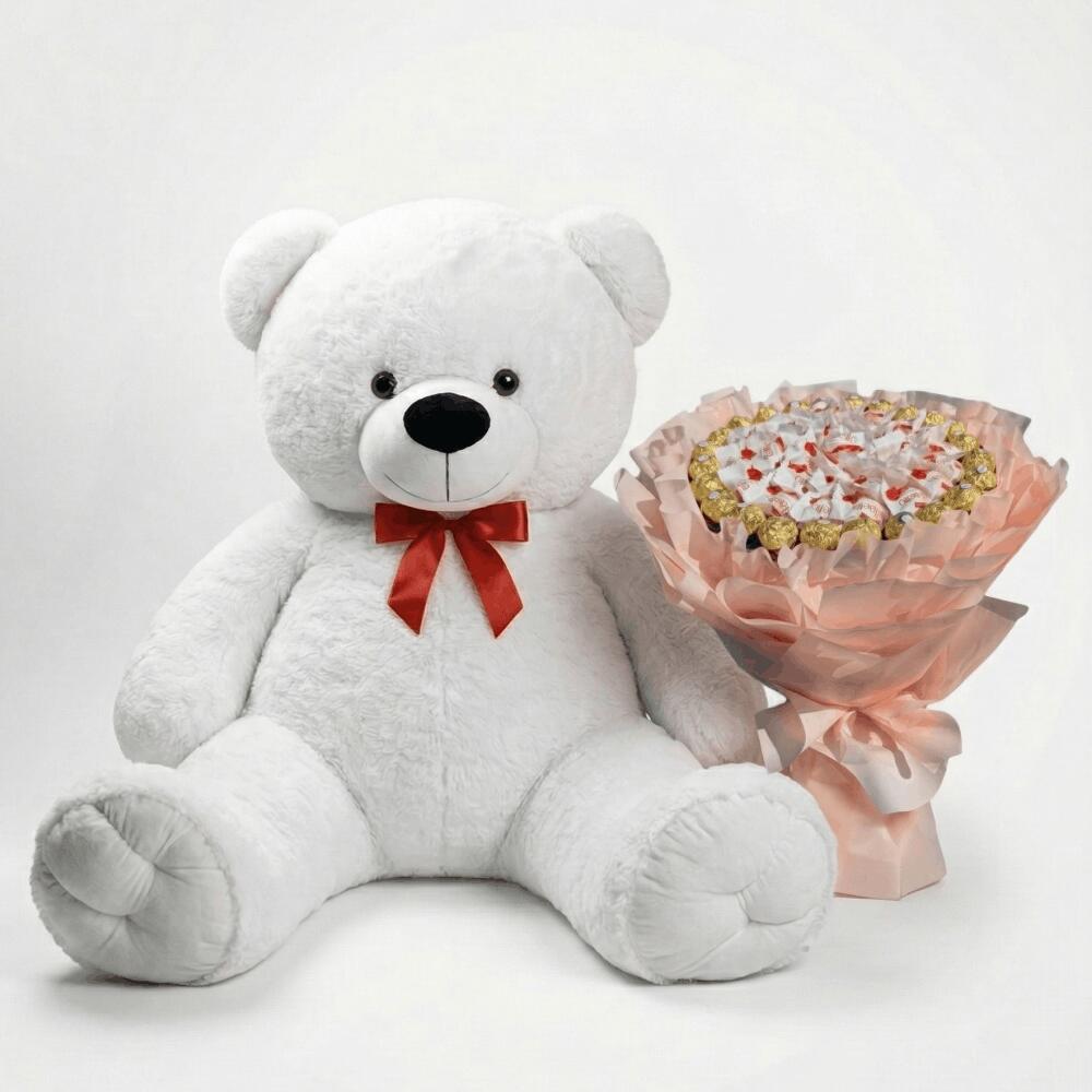 Мишка Томик 160 см Белый + Букет из конфет Candy Bloom
