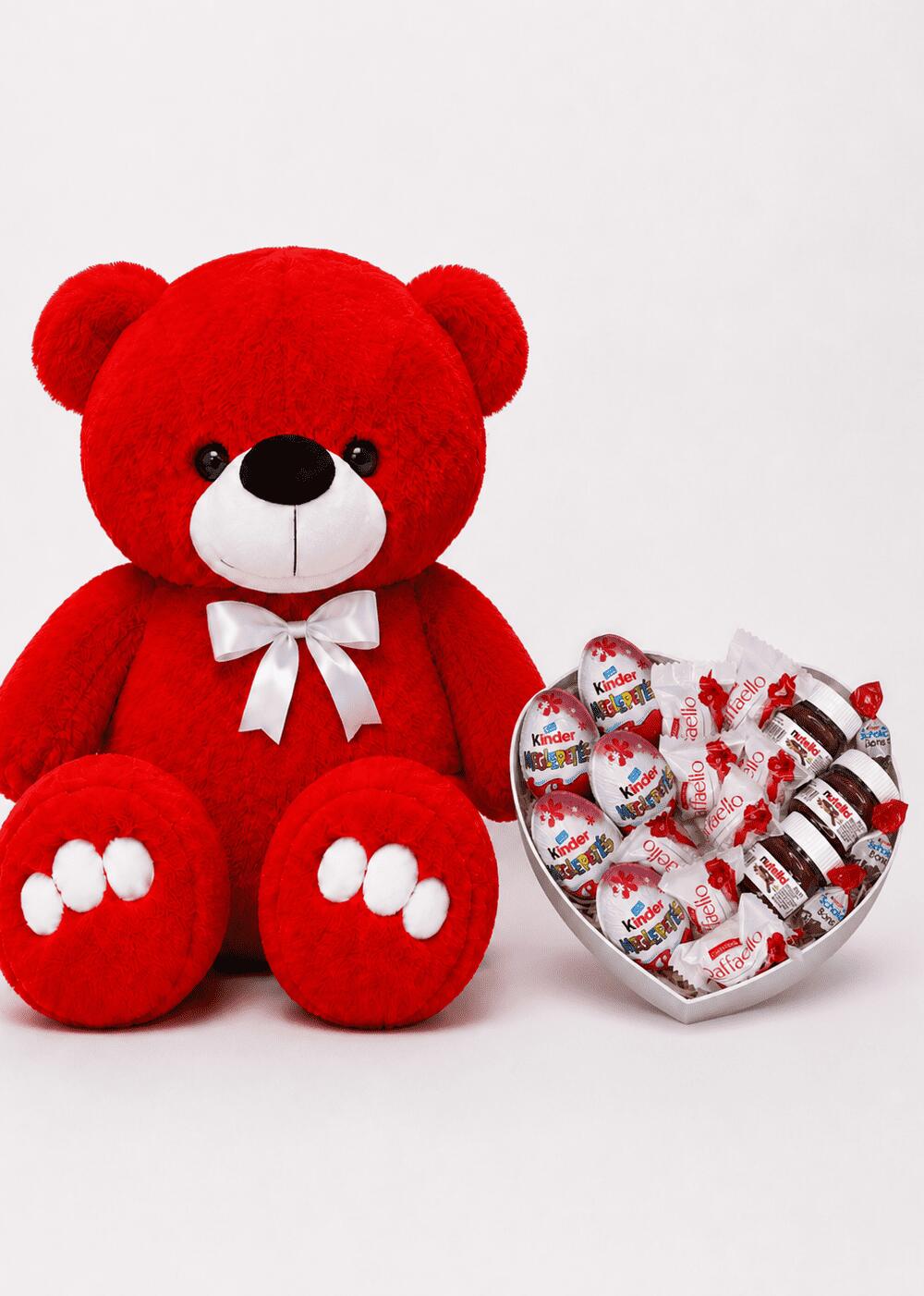 Ведмедик Ветлі 140 см червоний + Солодкий бокс для неї з Kinder, Nutella і цукерками Raffaello