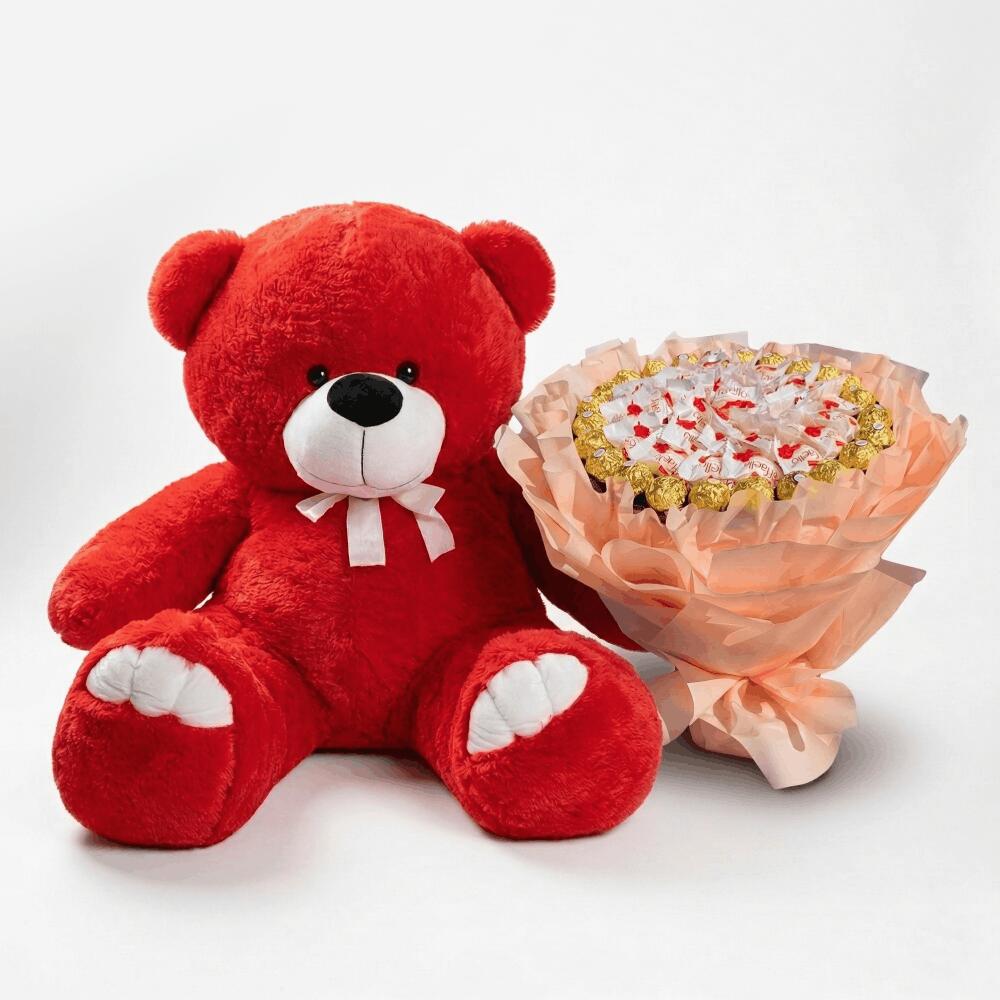 Мишка Ветли 140 см Красный + Букет из конфет Candy Bloom