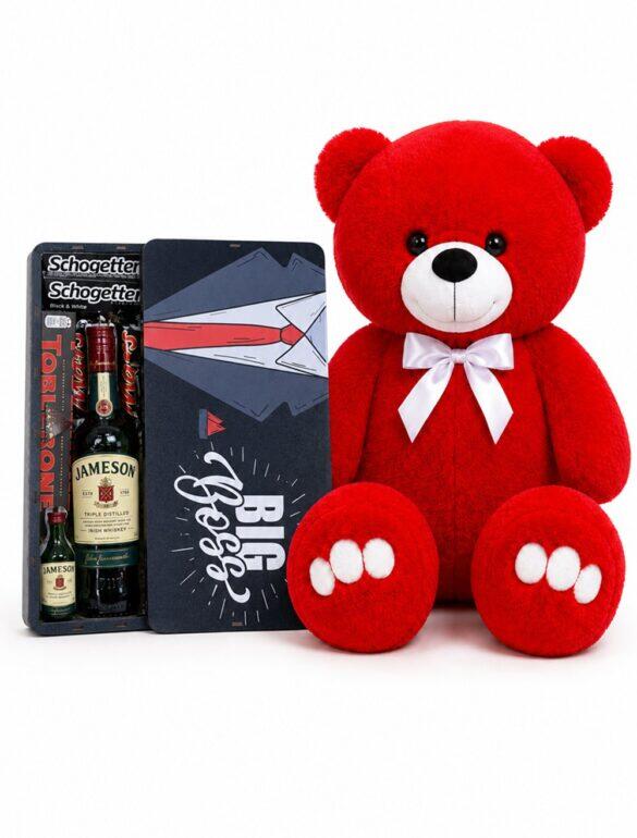 Ведмедик Ветлі 140 см червоний + Крафтовий бокс для нього з алкоголем Jameson