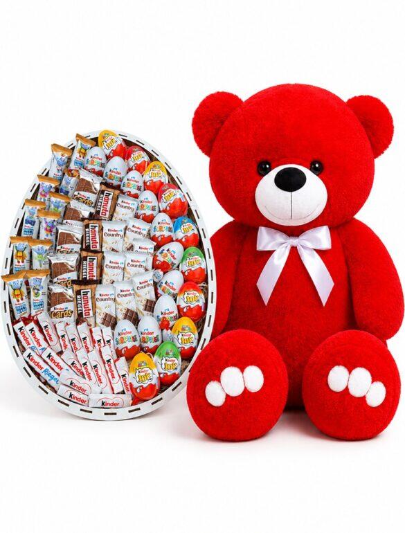 Ведмедик Ветлі 140 см червоний + Подарунковий бокс Premium Kinder Сюрприз XXL