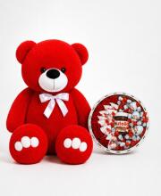 Ведмедик Ветлі 140 см червоний + Шоколадний бокс із Kinder, Nutella і мильними трояндами