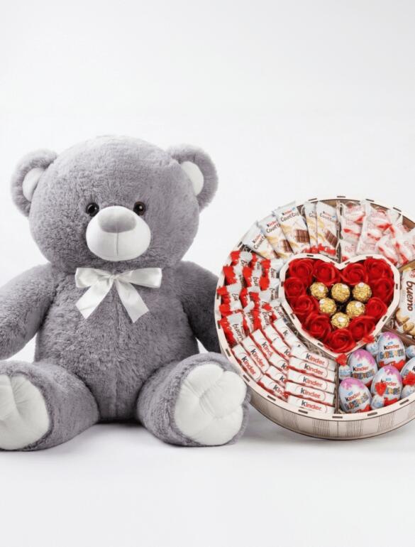 Мишка Томик 100 см Серый + Сладкий бокс с Kinder и Ferrero