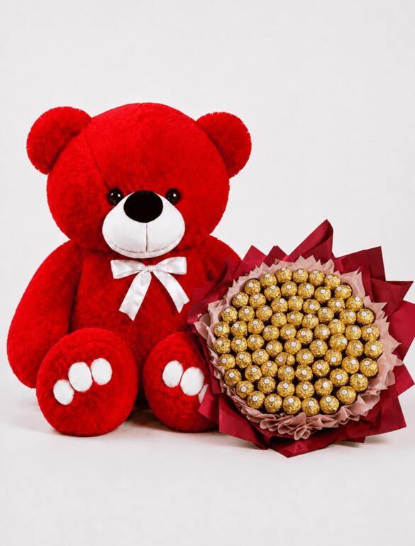 Мишка Ветли 140 см Красный+Букет из конфет "Ferrero Rocher" 73 шт