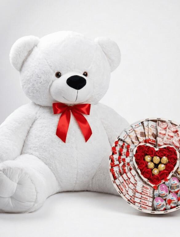 Мишка Томик 160 см Белый + Сладкий бокс с Kinder и Ferrero