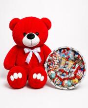 Ведмедик Ветлі 140 см червоний + Подарунковий набір-бокс Kinder Rainbow Moments