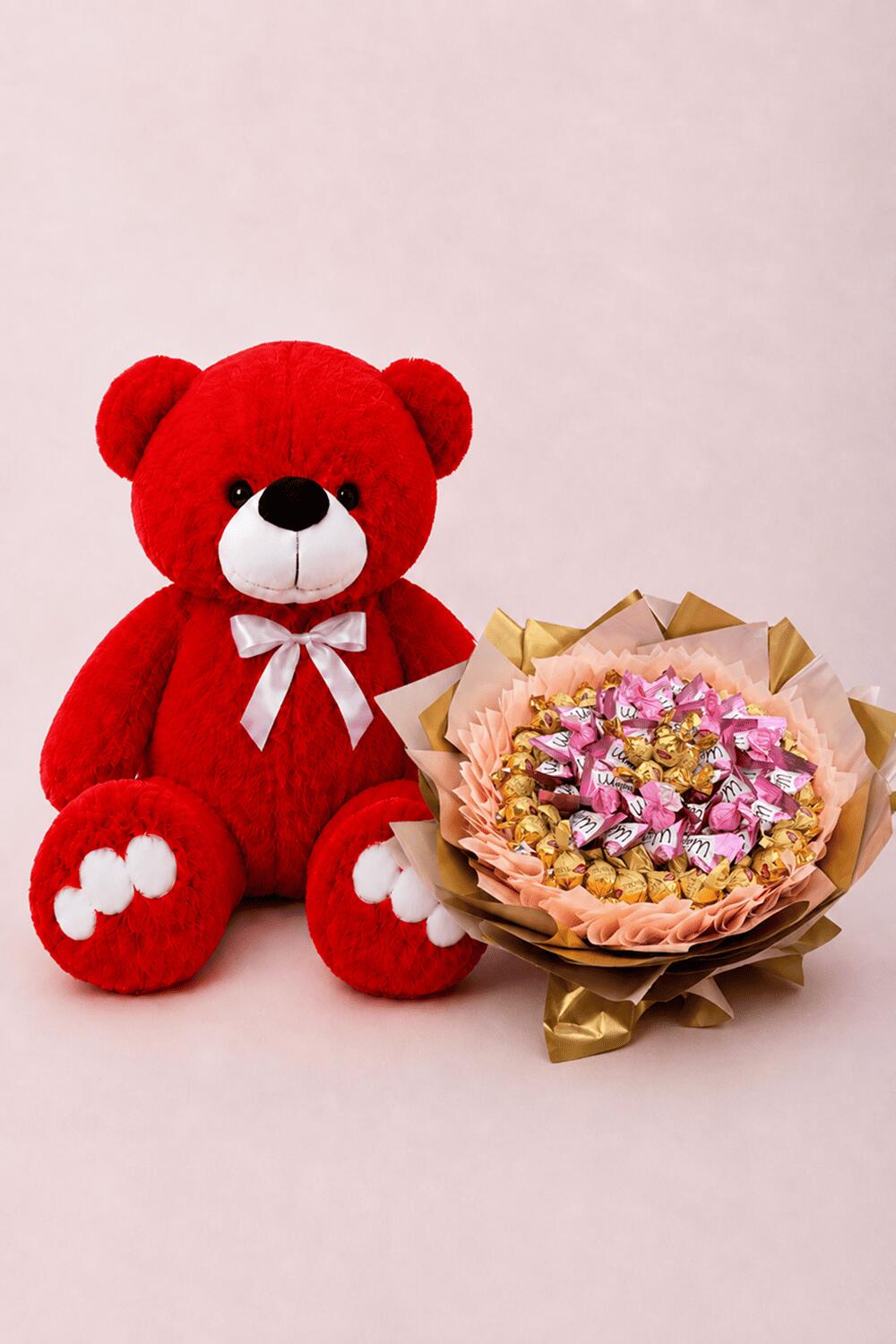 Ведмедик Ветлі 140 см Червоний+Букет із цукерок "Chocolate Dreams Bouquet"