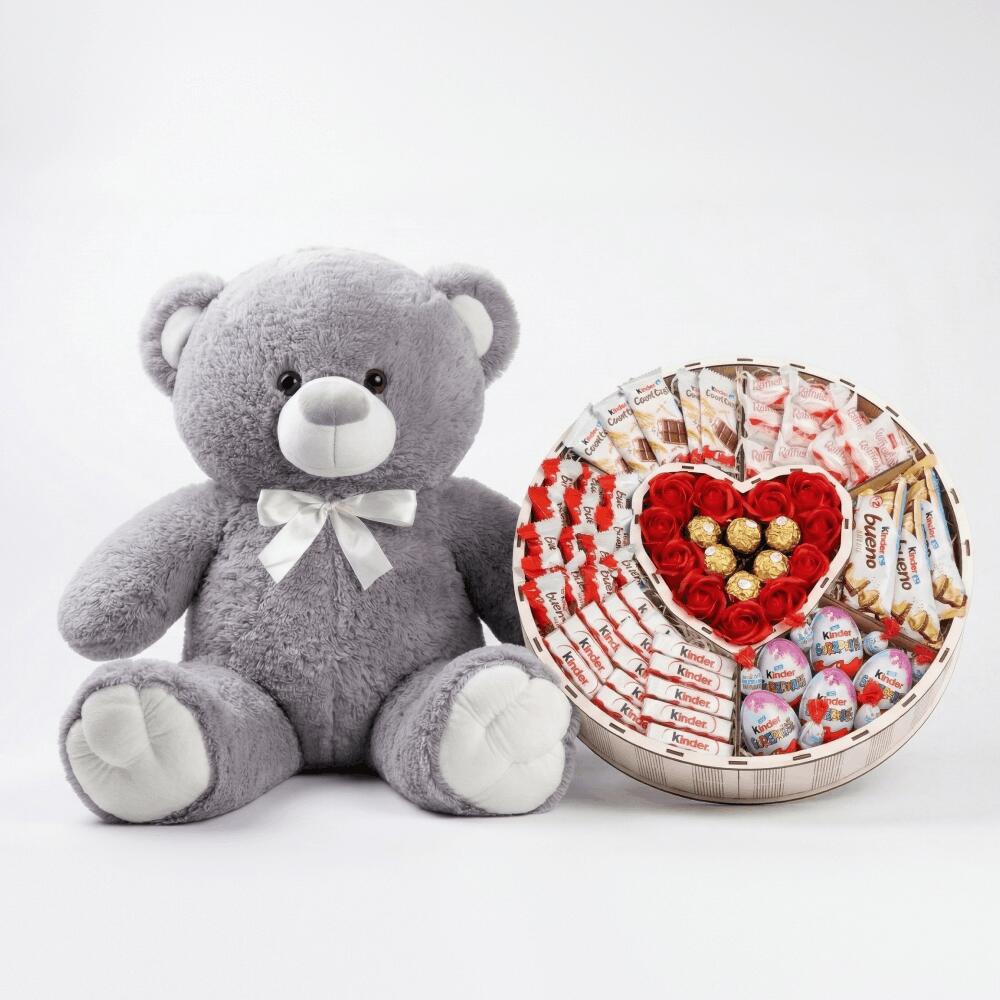 Мишка Томик 100 см Серый + Сладкий бокс с Kinder и Ferrero