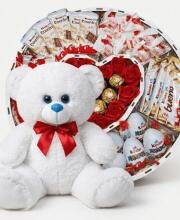 Мишка Томик 80 см Белый + Сладкий бокс с Kinder и Ferrero