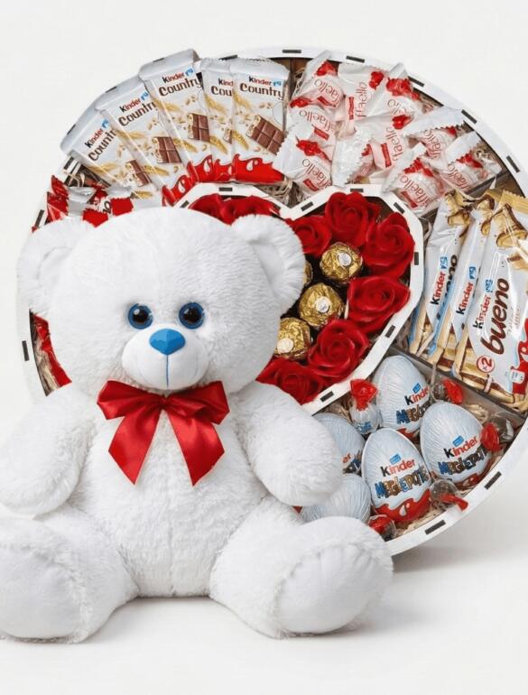 Мишка Томик 80 см Белый + Сладкий бокс с Kinder и Ferrero