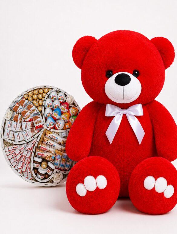 Ведмедик Ветлі 140 см червоний + Подарунковий набір-бокс Premium Kinder Ferrero