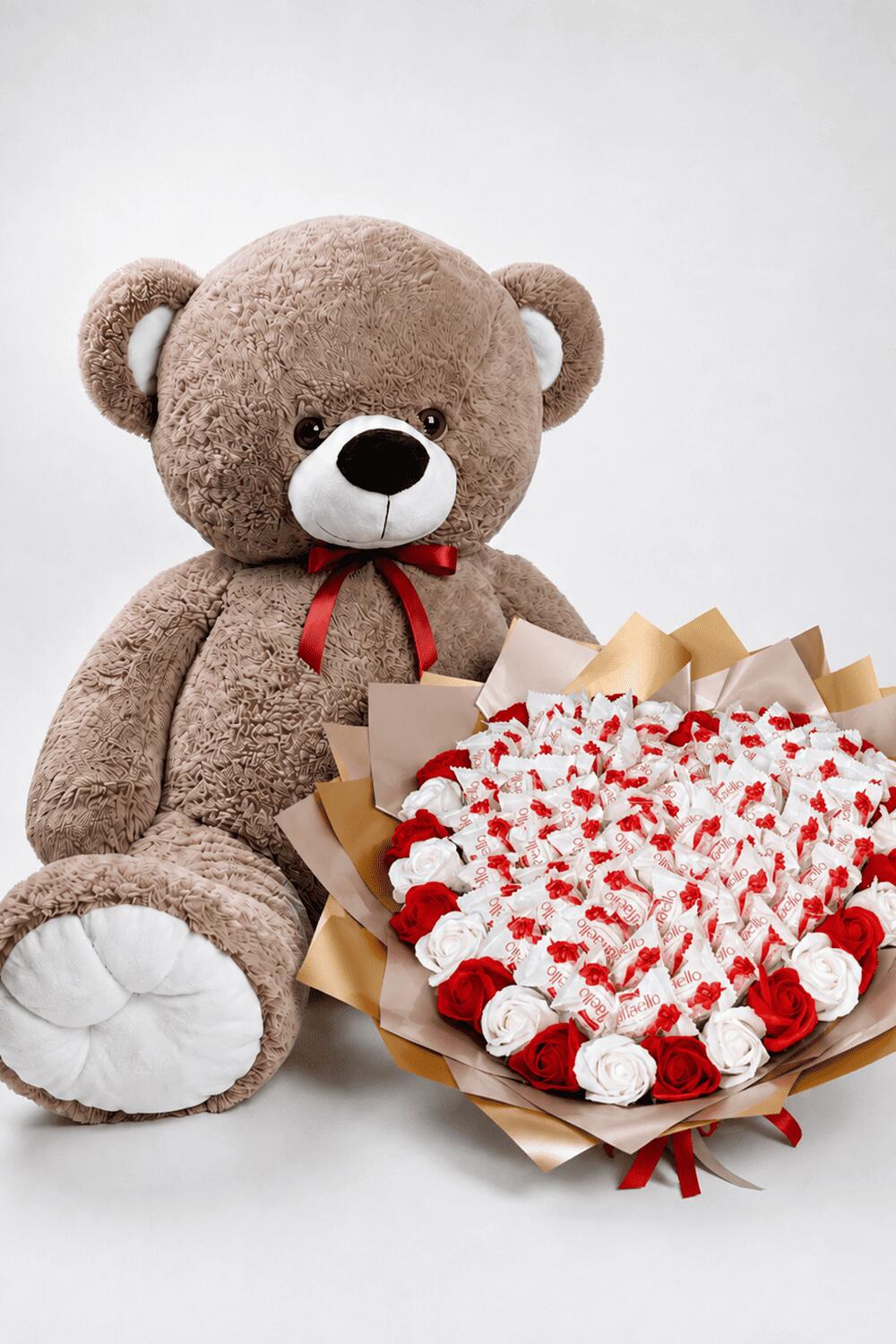 Мишка Томик 200 см Капучино + Букет из конфет "Love Edition: Raffaello & Roses"