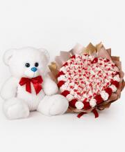 Мишка Томик 80 см Белый + Букет из конфет "Love Edition: Raffaello & Roses"