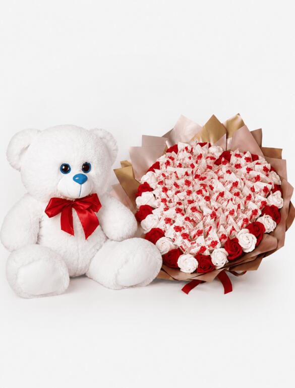 Мишка Томик 80 см Белый + Букет из конфет "Love Edition: Raffaello & Roses"
