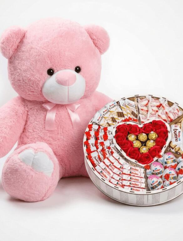 Мишка Ветли 140 см Розовый + Сладкий бокс с Kinder и Ferrero