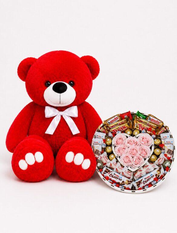 Ведмедик Ветлі 140 см червоний + Подарунковий набір-бокс Bloom Treat Box