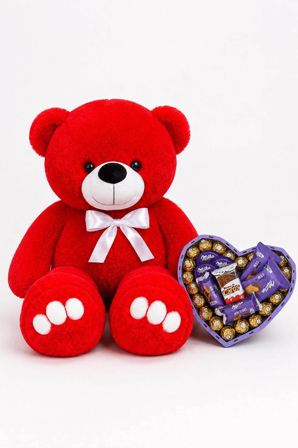 Ведмедик Ветлі 140 см червоний + Солодкий подарунок для неї Milka Magic Box