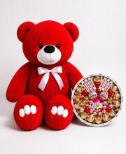 Ведмедик Ветлі 140 см червоний + Подарунковий набір-бокс для неї Ferrero Kinder Magic
