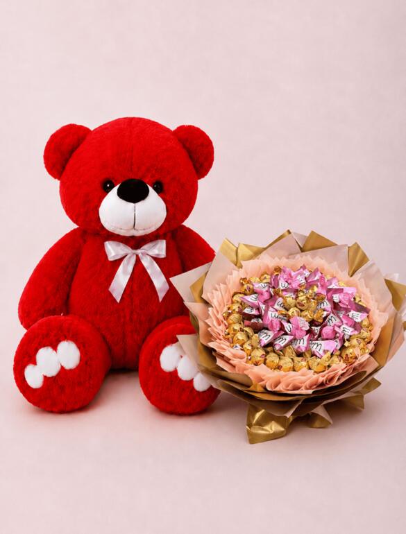Мишка Ветли 140 см Красный+Букет из конфет "Chocolate Dreams Bouquet"