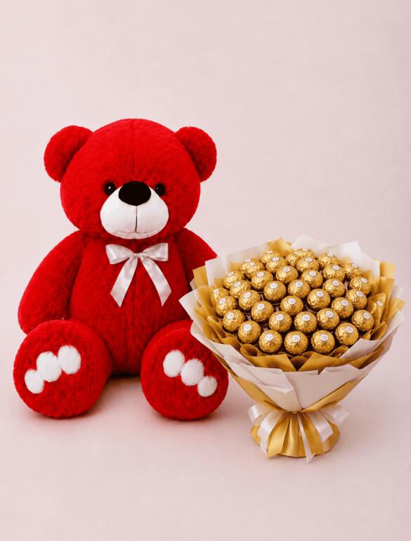 Мишка Ветли 140 см Красный+Букет из конфет "Golden Bloom" 49 шт