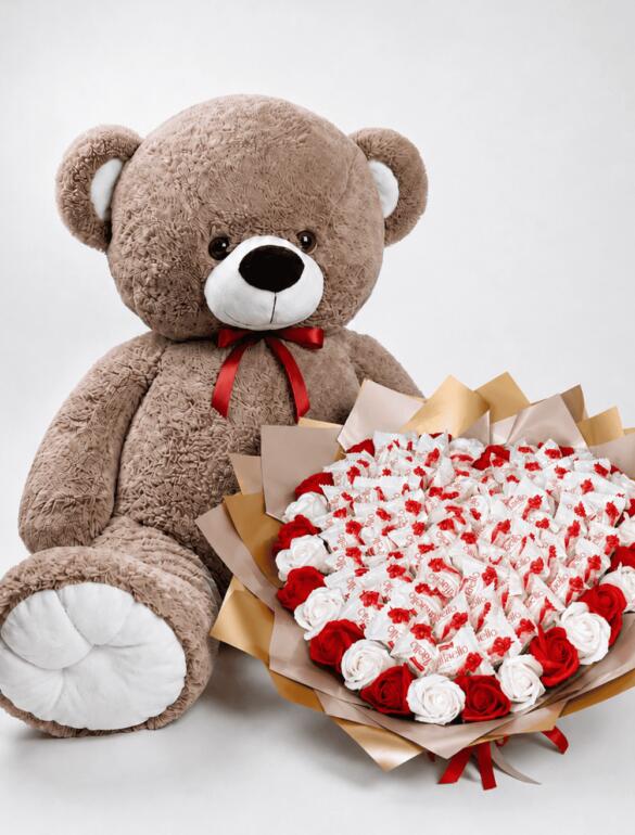Мишка Томик 200 см Капучино + Букет из конфет "Love Edition: Raffaello & Roses"