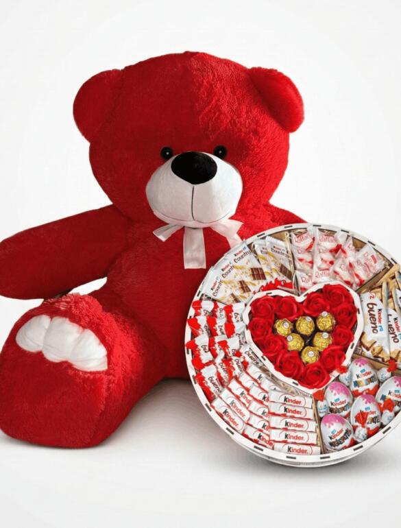 Мишка Ветли 140 см Красный + Сладкий бокс с Kinder и Ferrero