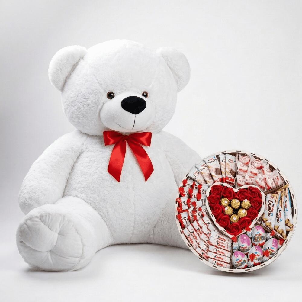 Мишка Томик 160 см Белый + Сладкий бокс с Kinder и Ferrero
