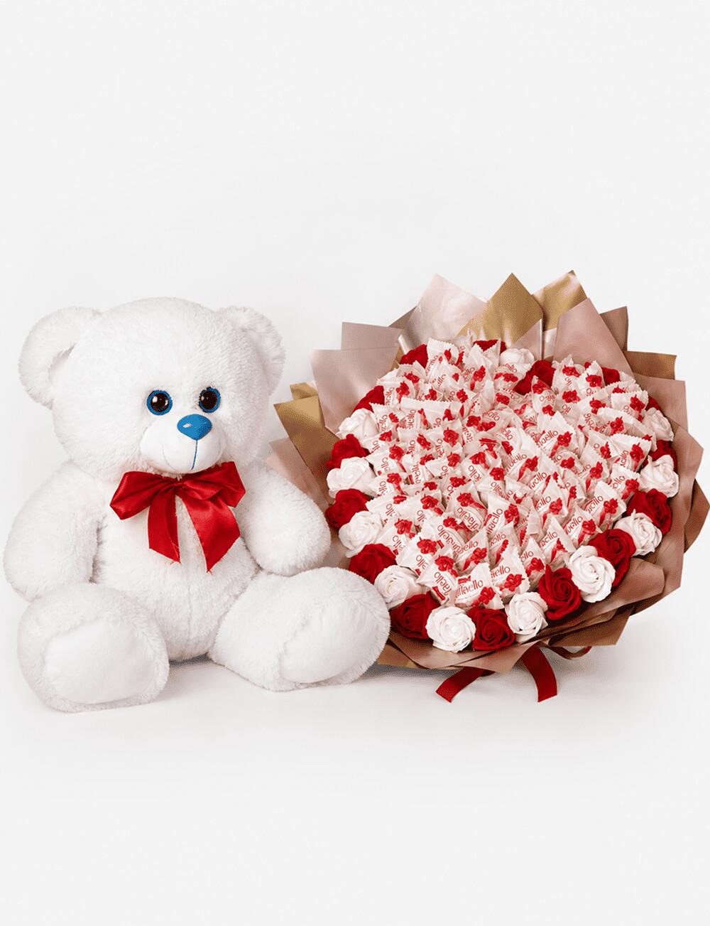 Мишка Томик 80 см Белый + Букет из конфет "Love Edition: Raffaello & Roses"