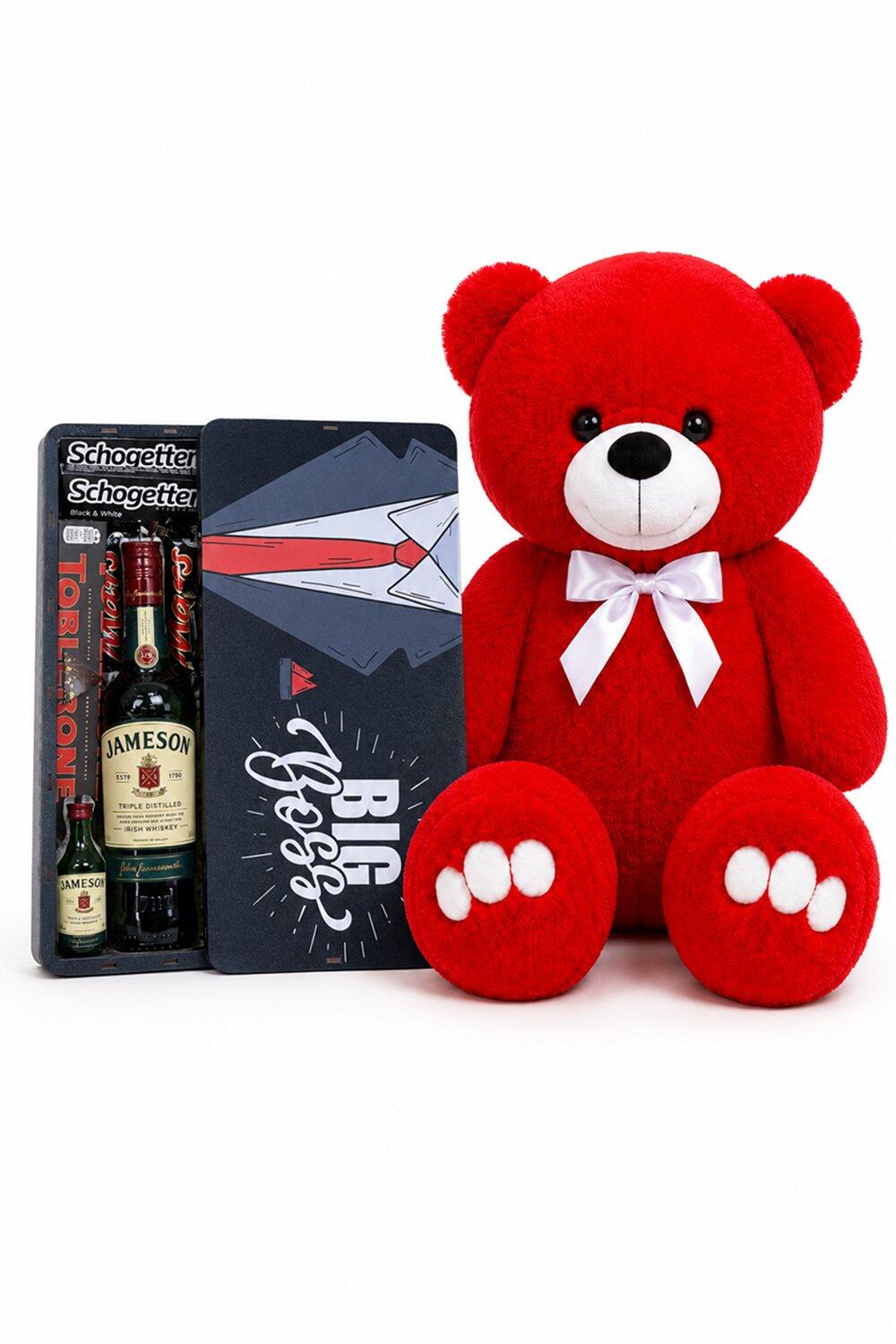 Ведмедик Ветлі 140 см червоний + Крафтовий бокс для нього з алкоголем Jameson