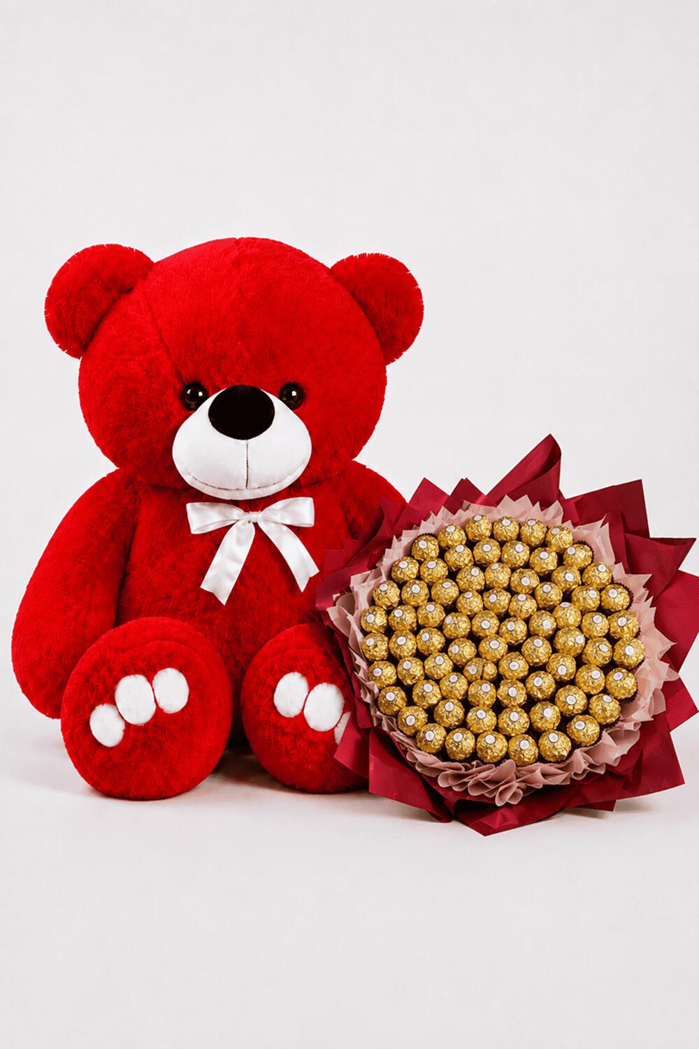 Ведмедик Ветлі 140 см Червоний+Букет із цукерок "Ferrero Rocher" 73 шт