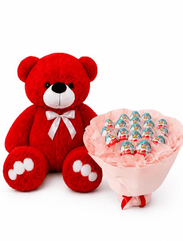 Мишка Ветли 140 см Красный+Сладкий букет "Kinder Joy Surprise"