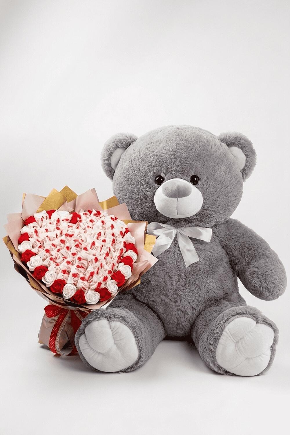 Мишка Томик 100 см Серый + Букет из конфет "Love Edition: Raffaello & Roses"