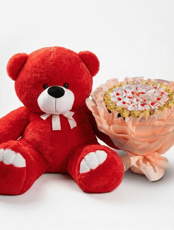 Мишка Ветли 140 см Красный + Букет из конфет Candy Bloom