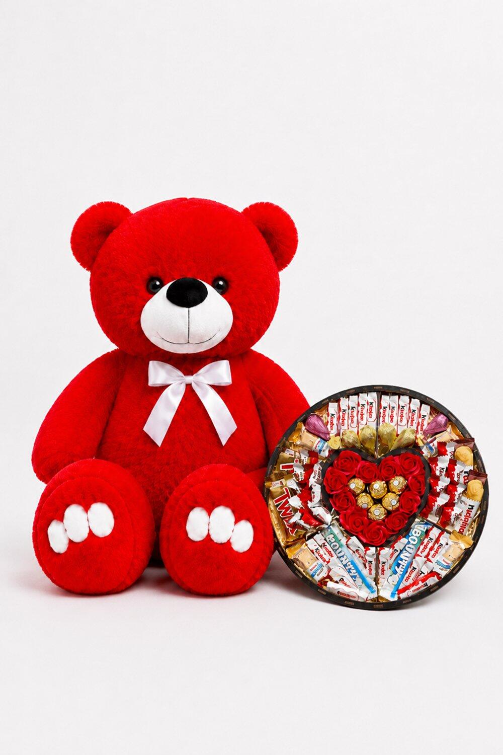 Ведмедик Ветлі 140 см червоний + Подарунковий набір-бокс для неї Romantic Kinder Treasure