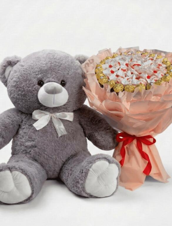 Мишка Томик 100 см Серый + Букет из конфет Candy Bloom
