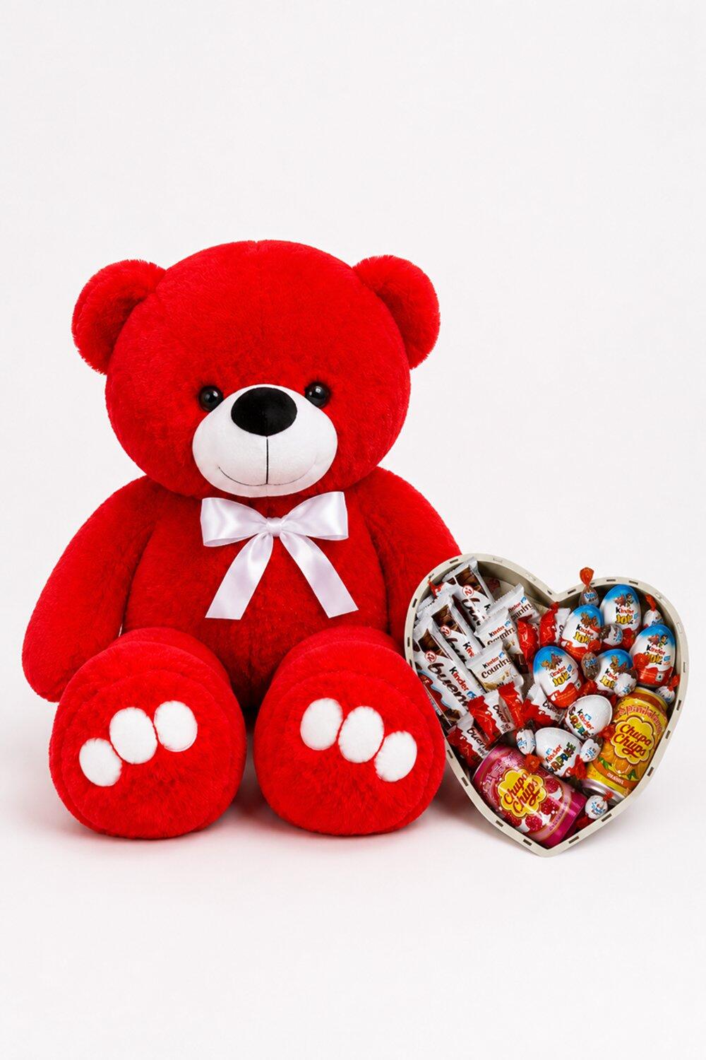 Ведмедик Ветлі 140 см червоний + Солодкий бокс для неї Happy Treats
