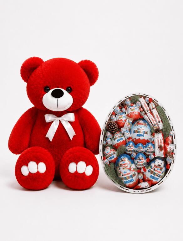 Ведмедик Ветлі 140 см червоний + Подарунковий набір-бокс Kinder Зимова казка