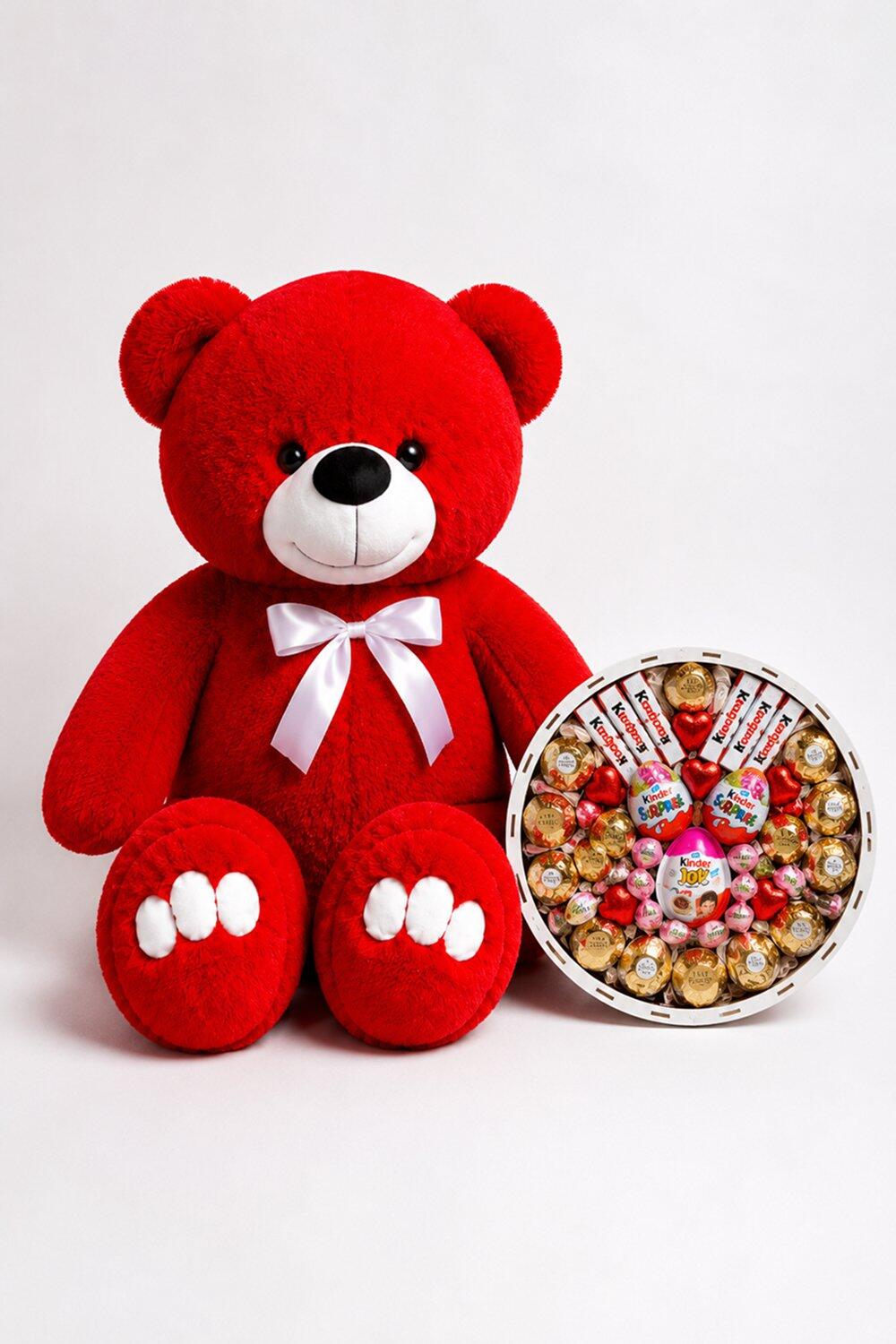 Ведмедик Ветлі 140 см червоний + Подарунковий набір-бокс для неї Ferrero Kinder Magic