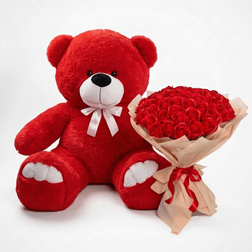 Мишка Ветли 140 см Красный + Букет Scarlet Luxe