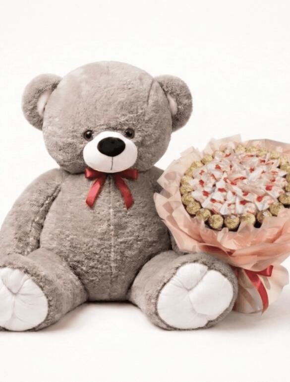 Мишка Ветли 160 см Капучино + Букет из конфет Candy Bloom