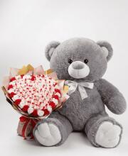 Мишка Томик 100 см Серый + Букет из конфет "Love Edition: Raffaello & Roses"