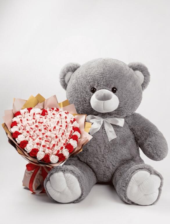 Мишка Томик 100 см Серый + Букет из конфет "Love Edition: Raffaello & Roses"