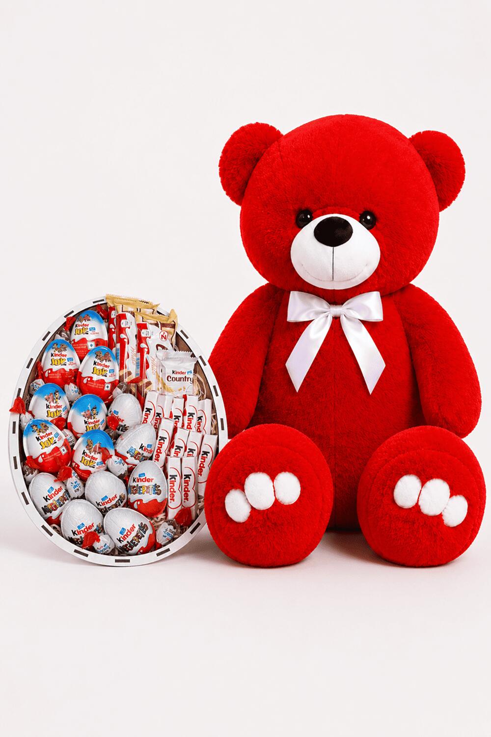 Ведмедик Ветлі 140 см червоний + Подарунковий бокс із цукерками Kinder Сюрприз XL