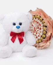 Мишка Томик 80 см Белый + Букет из конфет Candy Bloom