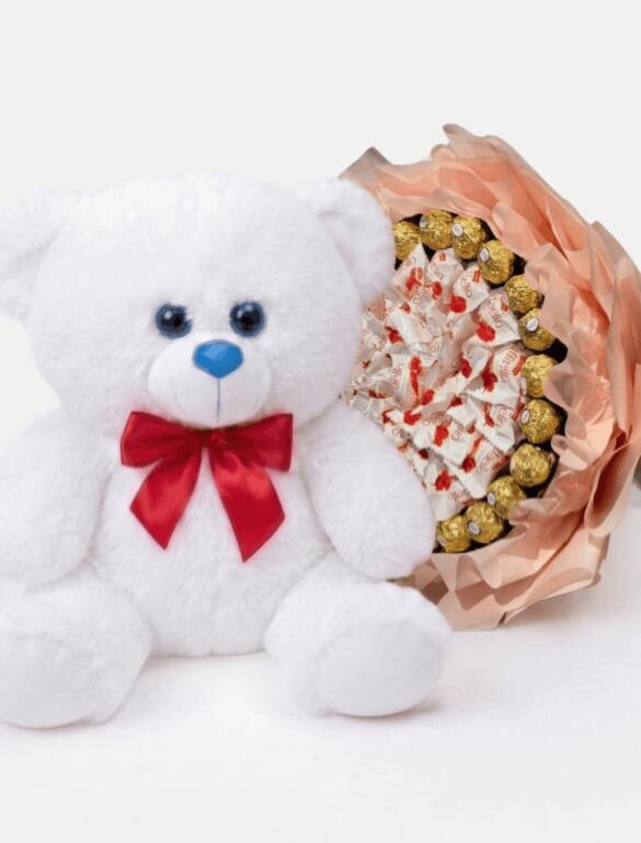 Мишка Томик 80 см Белый + Букет из конфет Candy Bloom