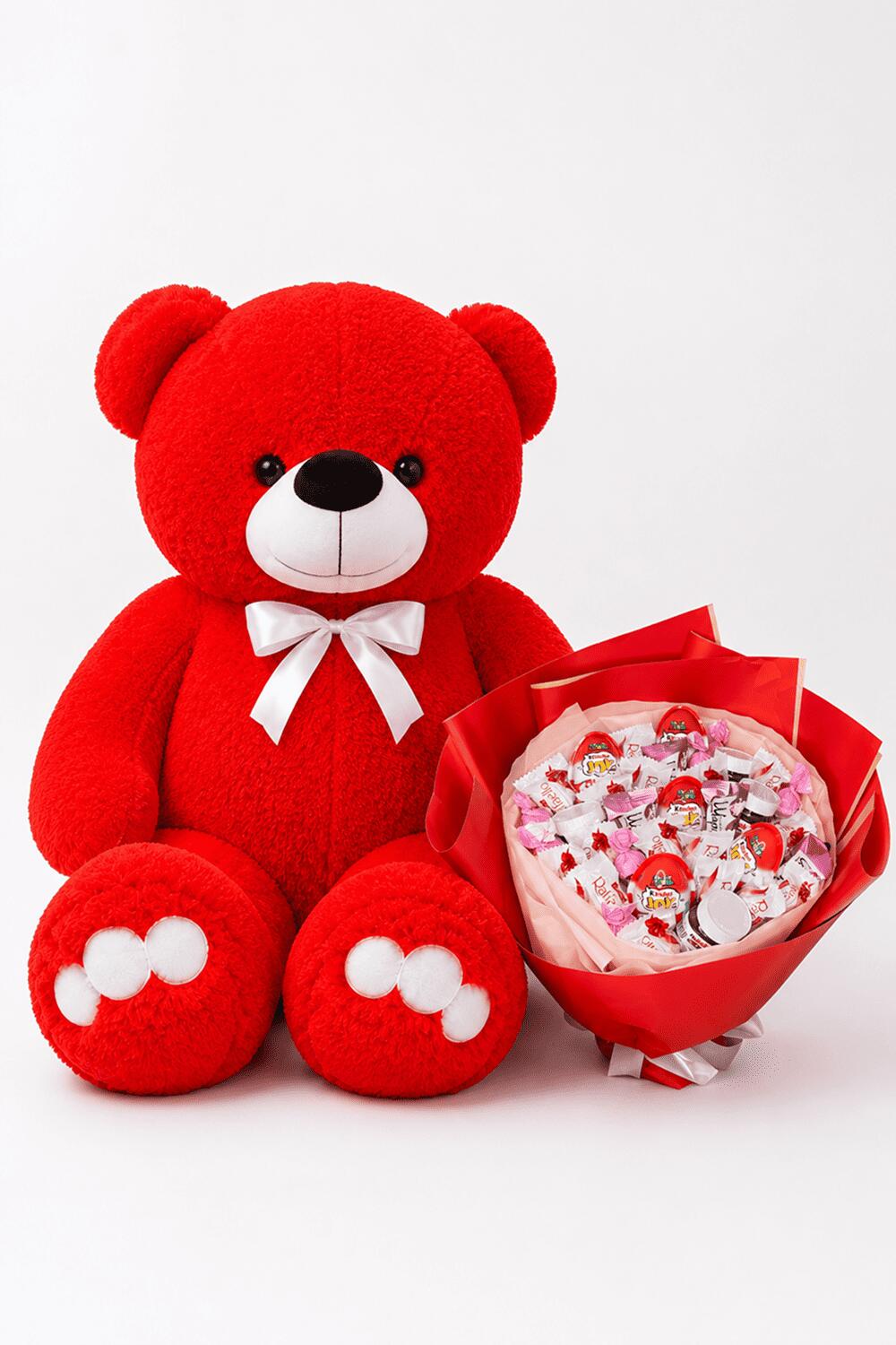 Ведмедик Ветлі 140 см Червоний+Букет із цукерок "Kinder & Raffaello Delight"