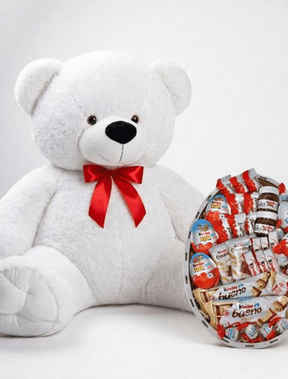 Мишка Томик 160 см Белый+ Kinder Surprise box