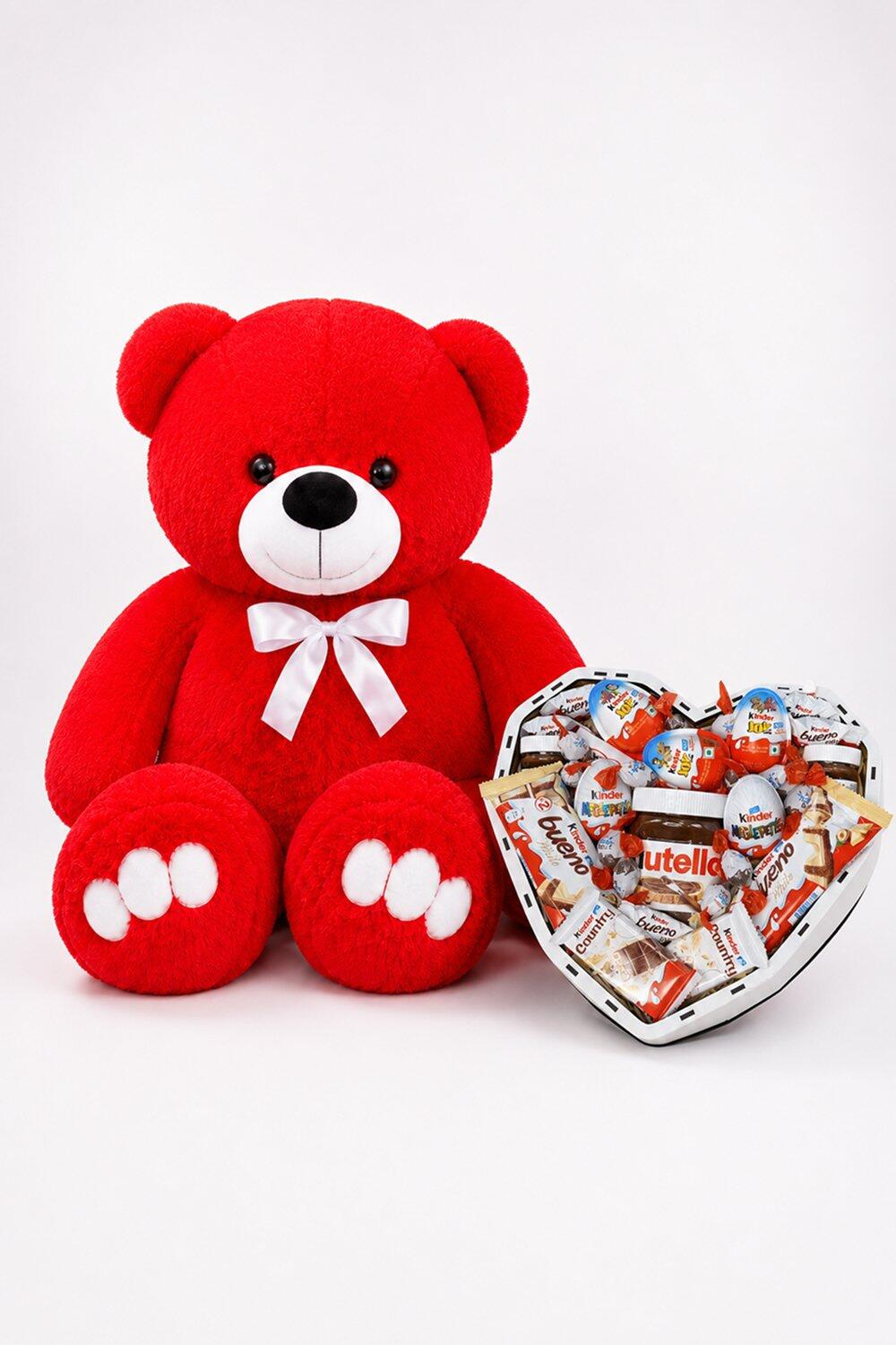 Ведмедик Ветлі 140 см червоний + Крафтовий бокс із солодощами Kinder для неї