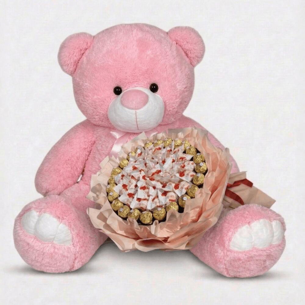 Мишка Ветли 140 см Розовый + Букет из конфет Candy Bloom